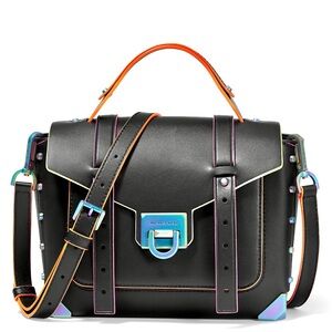 Michael Kors Manhattan Black Leather Satchel with Neon/Iridescent Trim